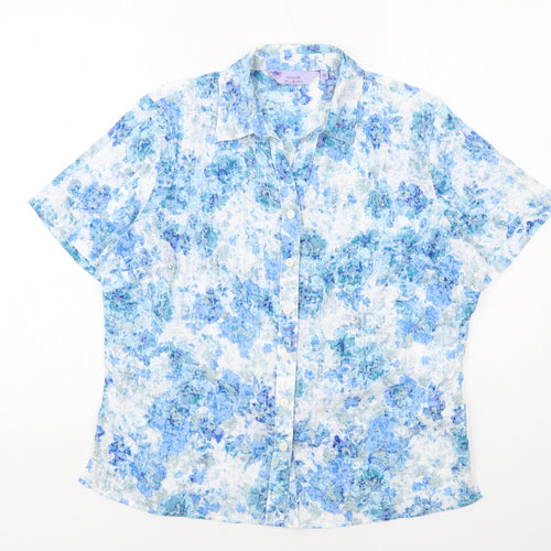 EWM Womens Blue Geometric Polyester Basic Button-Up Size 10 Collared