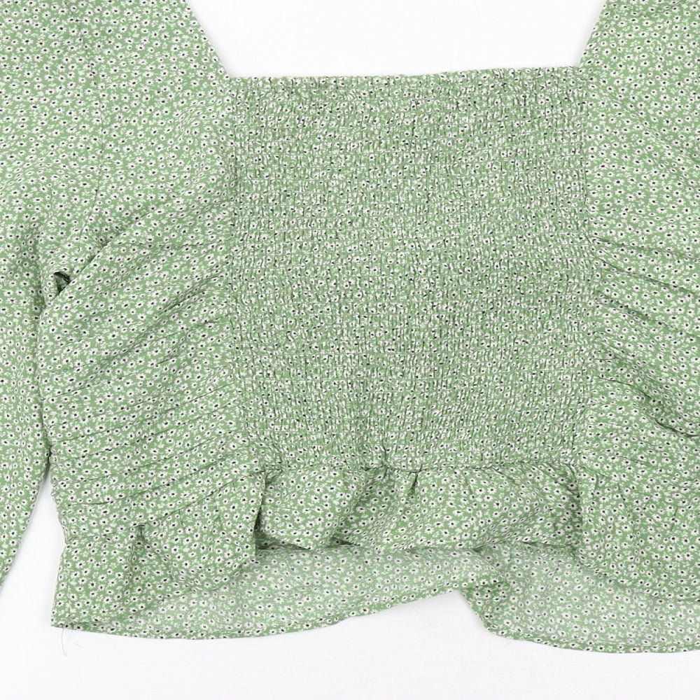 H&M Womens Green Floral Polyester Basic Blouse Size M V-Neck