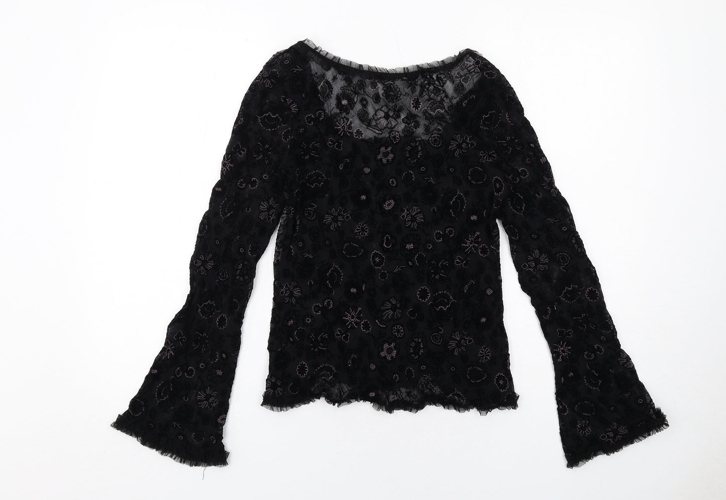 ARIANNE Womens Black Geometric Nylon Basic Blouse Size XL Round Neck - Flower Detail