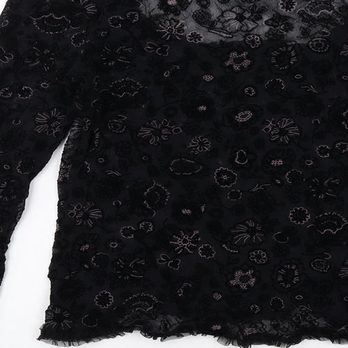 ARIANNE Womens Black Geometric Nylon Basic Blouse Size XL Round Neck - Flower Detail