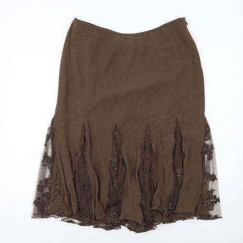 Platinum Womens Brown Floral Silk Swing Skirt Size 14 Zip