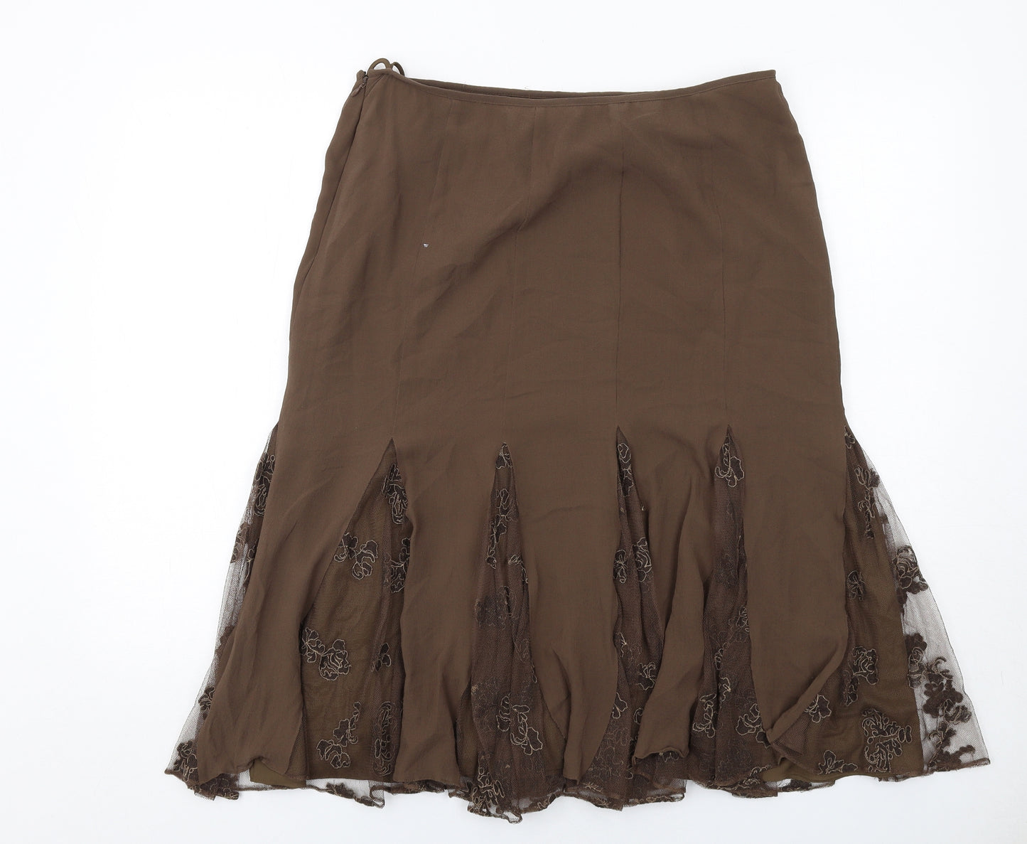 Platinum Womens Brown Floral Silk Swing Skirt Size 14 Zip