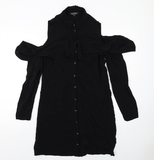 Miss Selfridge Womens Black Viscose Shirt Dress Size 8 Collared Button - Cold shoulder