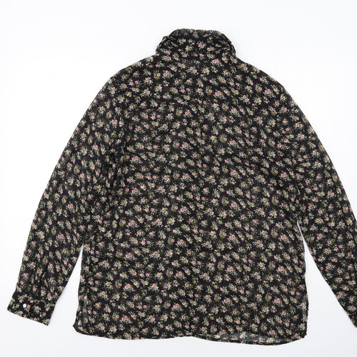 H&M Womens Black Floral Polyester Basic Button-Up Size 16 Collared