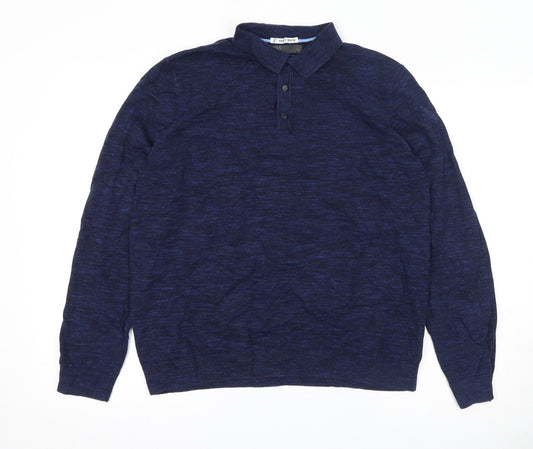 Marks and Spencer Mens Blue Collared Cotton Pullover Jumper Size L Long Sleeve