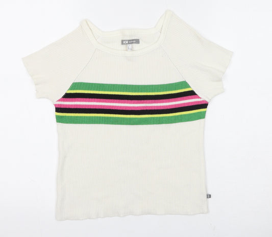 Mexx Womens Ivory Striped Cotton Basic T-Shirt Size L Round Neck