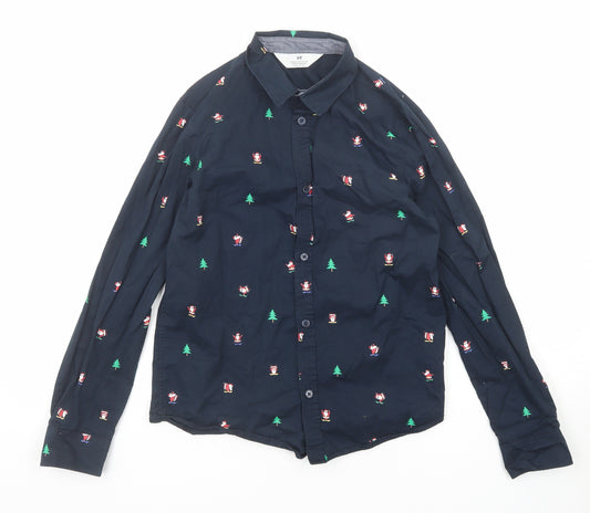 H&M Boys Blue Geometric Cotton Basic Button-Up Size 11-12 Years Collared Button - Santa Claus Christmas