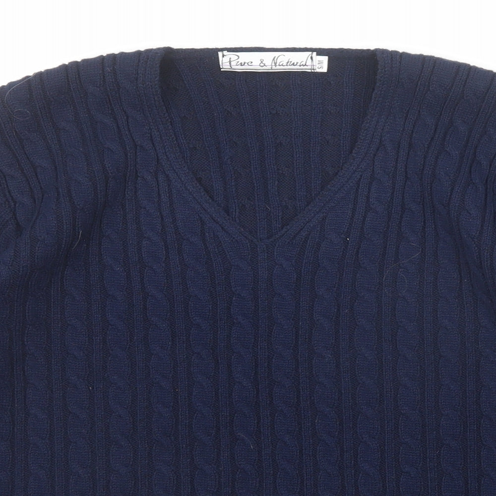 Pure & Natural Womens Blue V-Neck Acrylic Pullover Jumper Size S - Size S-M