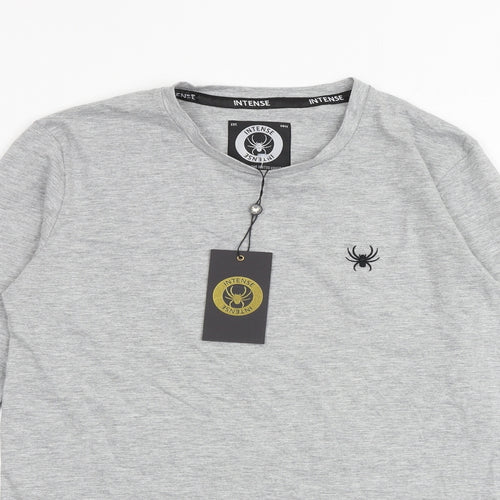 INTENSE Mens Grey Cotton T-Shirt Size S Round Neck - Embroided spider on front