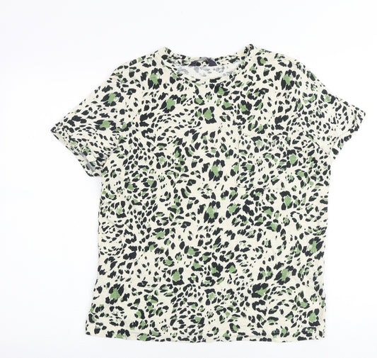 Marks and Spencer Womens Multicoloured Animal Print 100% Cotton Basic T-Shirt Size 10 Round Neck - Leopard Print