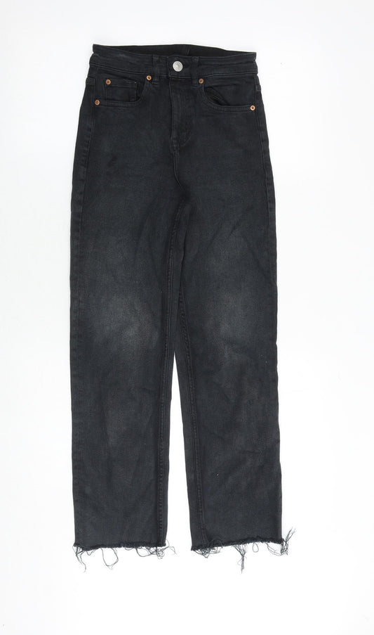 H&M Womens Black Cotton Straight Jeans Size 6 Regular Zip - Frayed Hem