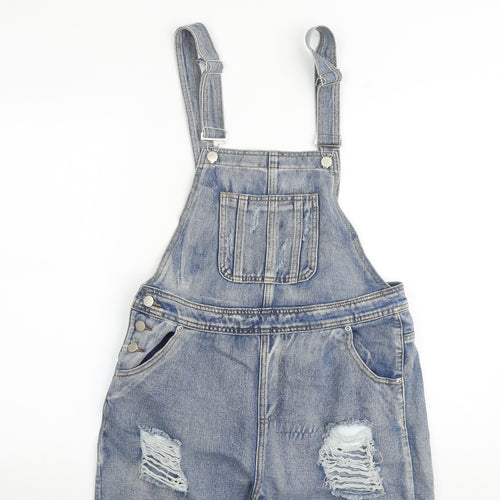 Boohoo Womens Blue 100% Cotton Dungaree One-Piece Size 14 Buckle - Distressed Dungaree Shorts