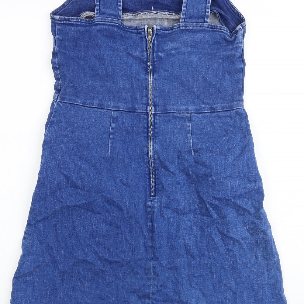 Oasis Womens Blue Cotton Pinafore/Dungaree Dress Size 12 Round Neck Zip