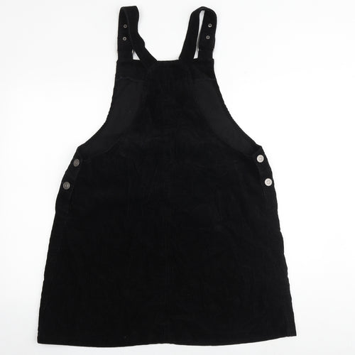 New Look Womens Black 100% Cotton Pinafore/Dungaree Dress Size 14 Square Neck Snap