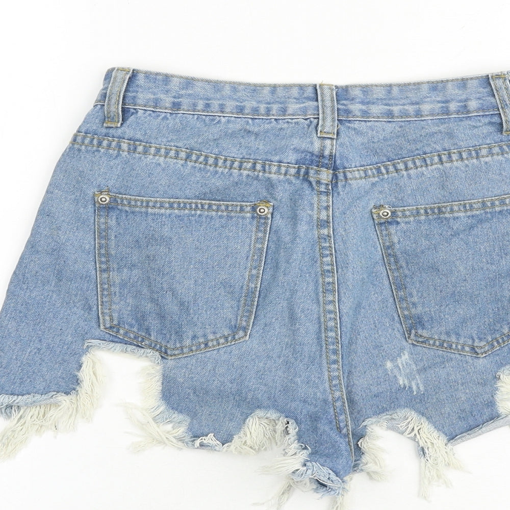 PRETTYLITTLETHING Womens Blue Cotton Hot Pants Shorts Size 8 Regular Zip - Distressed