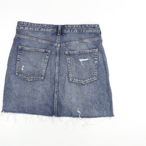 H&M Womens Blue Cotton A-Line Skirt Size 12 Zip - Flower detail Distressed look