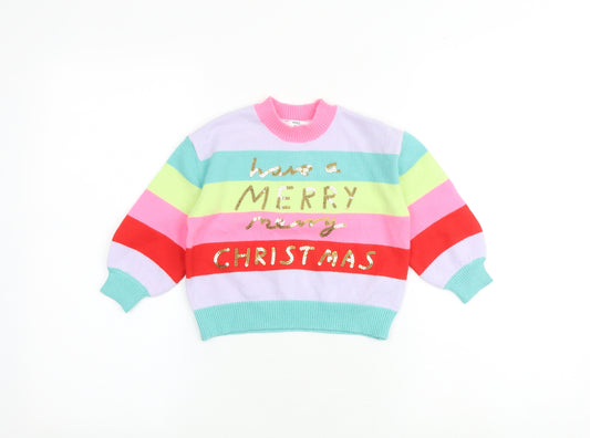 Marks and Spencer Girls Multicoloured Crew Neck Striped Acrylic Pullover Jumper Size 2-3 Years Pullover - Christmas