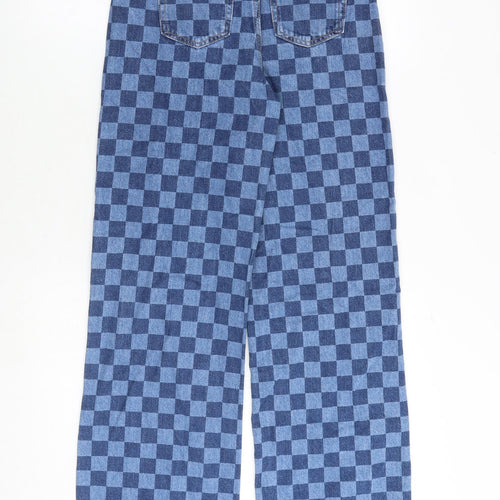 H&M Girls Blue Check Acetate Wide-Leg Jeans Size 11-12 Years Regular Zip