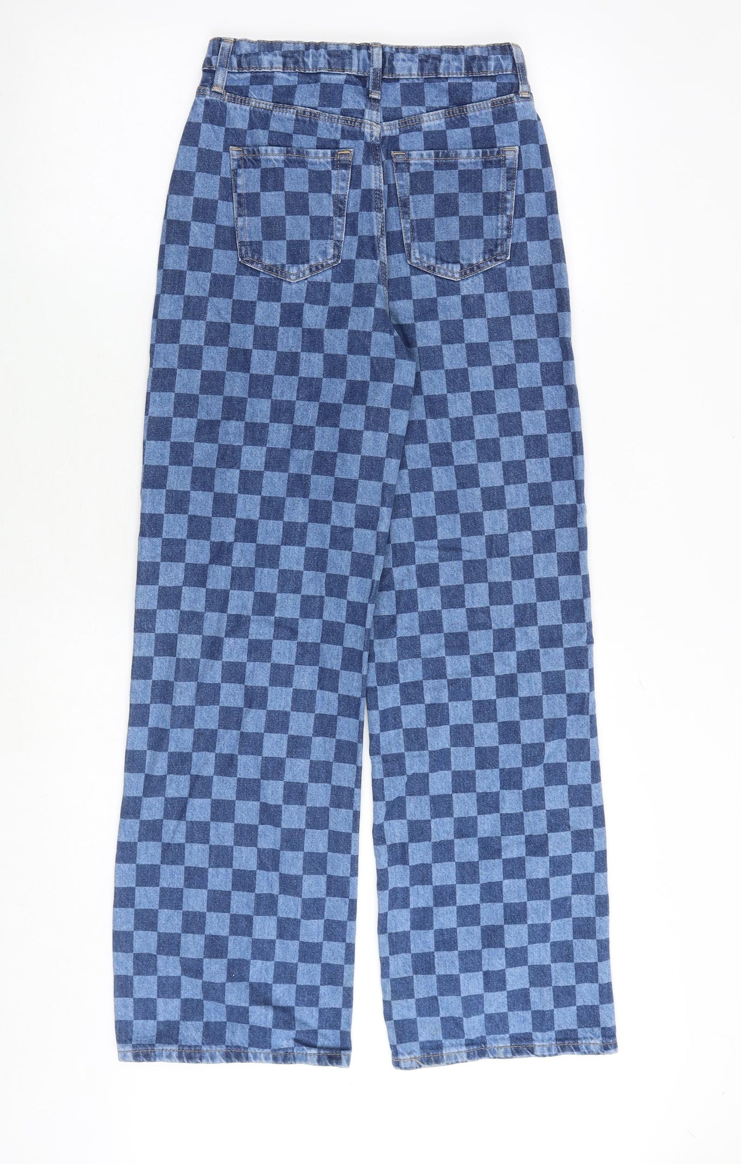 H&M Girls Blue Check Acetate Wide-Leg Jeans Size 11-12 Years Regular Zip