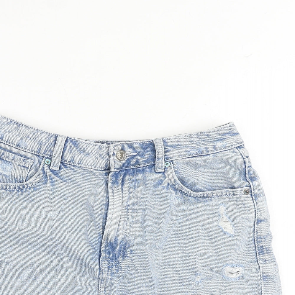 New Look Womens Blue 100% Cotton Hot Pants Shorts Size 10 Regular Zip - Distressed