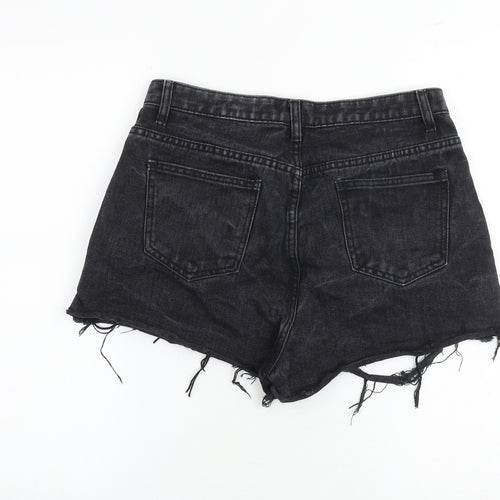 PRETTYLITTLETHING Womens Black 100% Cotton Hot Pants Shorts Size 12 Regular Zip - Distressed