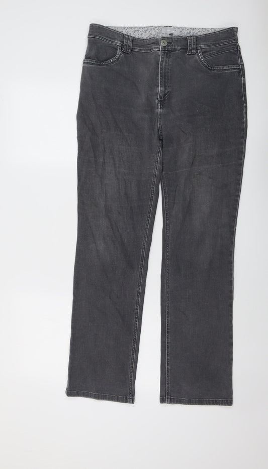 Per Una Womens Grey Cotton Straight Jeans Size 14 L30 in Regular Button - Embellished Pockets