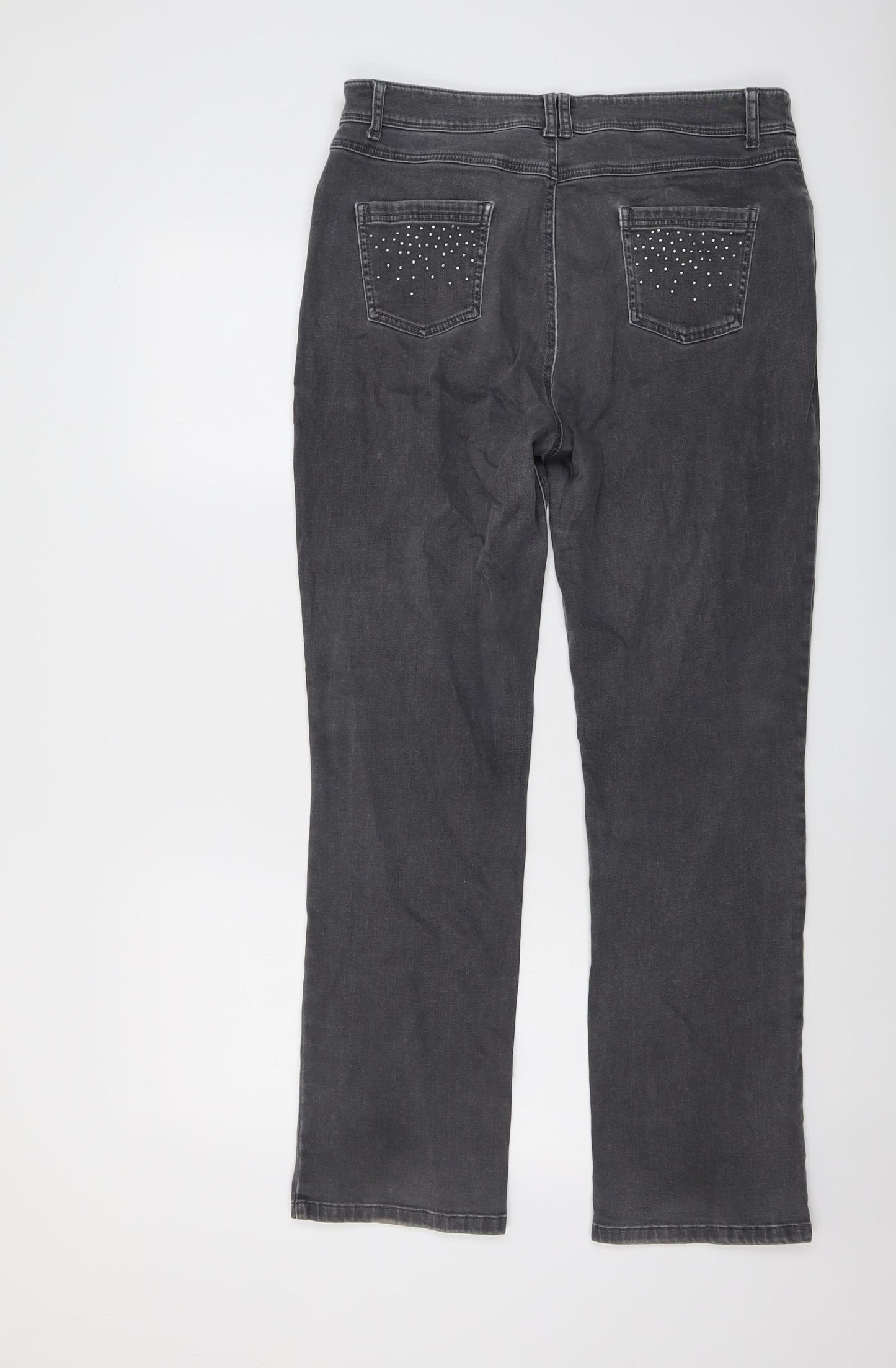 Per Una Womens Grey Cotton Straight Jeans Size 14 L30 in Regular Button - Embellished Pockets