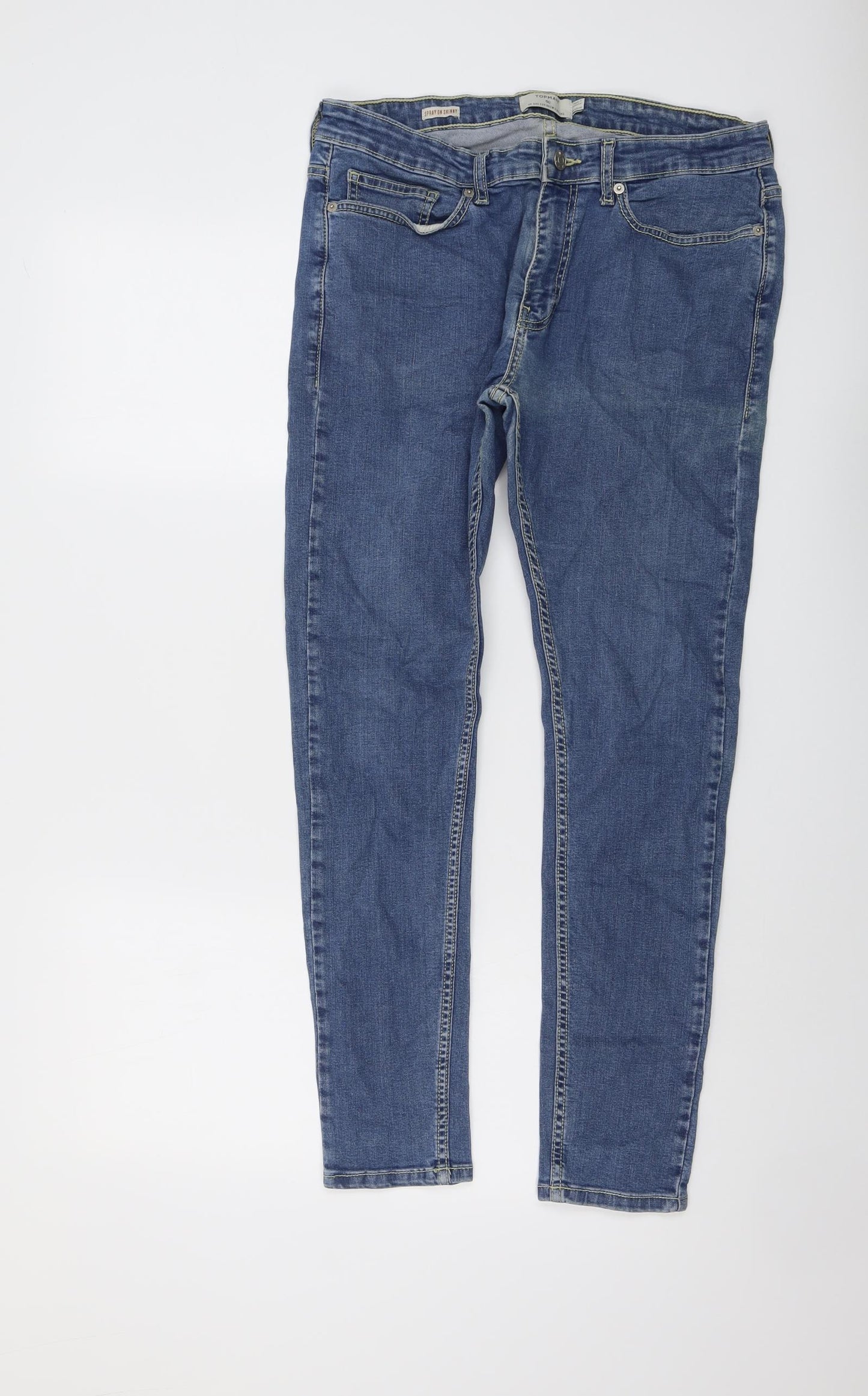 Topman Mens Blue Cotton Skinny Jeans Size 34 in L28 in Regular Button