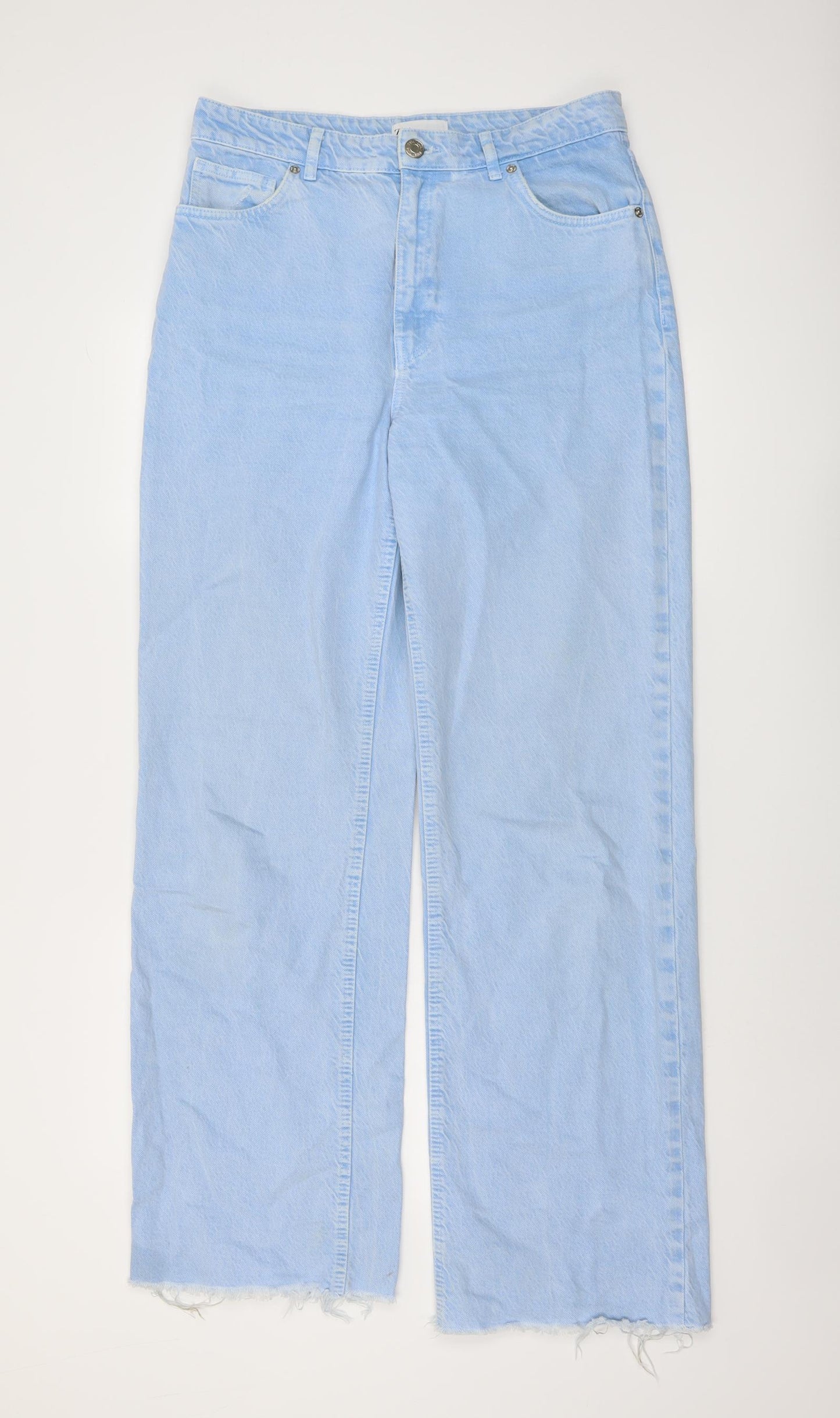 Zara Womens Blue Cotton Wide-Leg Jeans Size 14 L34 in Regular Button - Distressed Hems