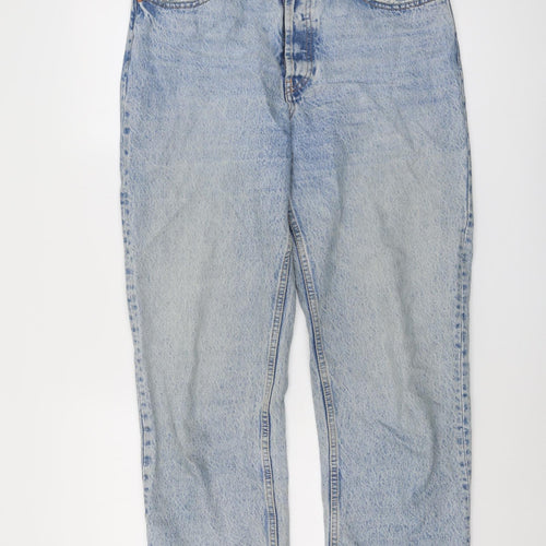 Zara Womens Blue Cotton Boyfriend Jeans Size 14 L27 in Regular Button - Distressed Hems