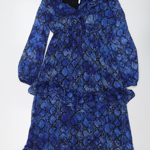 River Island Womens Blue Animal Print Polyester Trapeze & Swing Size 8 V-Neck Button - Snakeskin pattern
