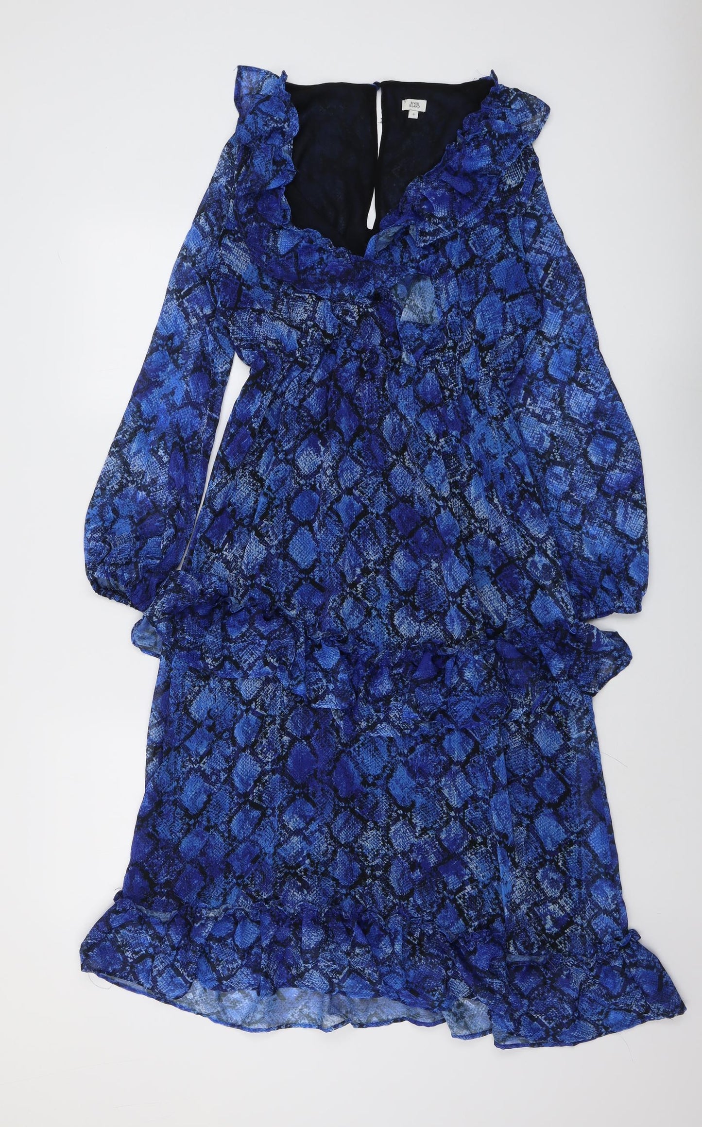 River Island Womens Blue Animal Print Polyester Trapeze & Swing Size 8 V-Neck Button - Snakeskin pattern