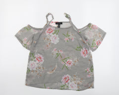 New Look Womens Grey Floral Polyester Basic Blouse Size 10 Square Neck - Cold Shoulder
