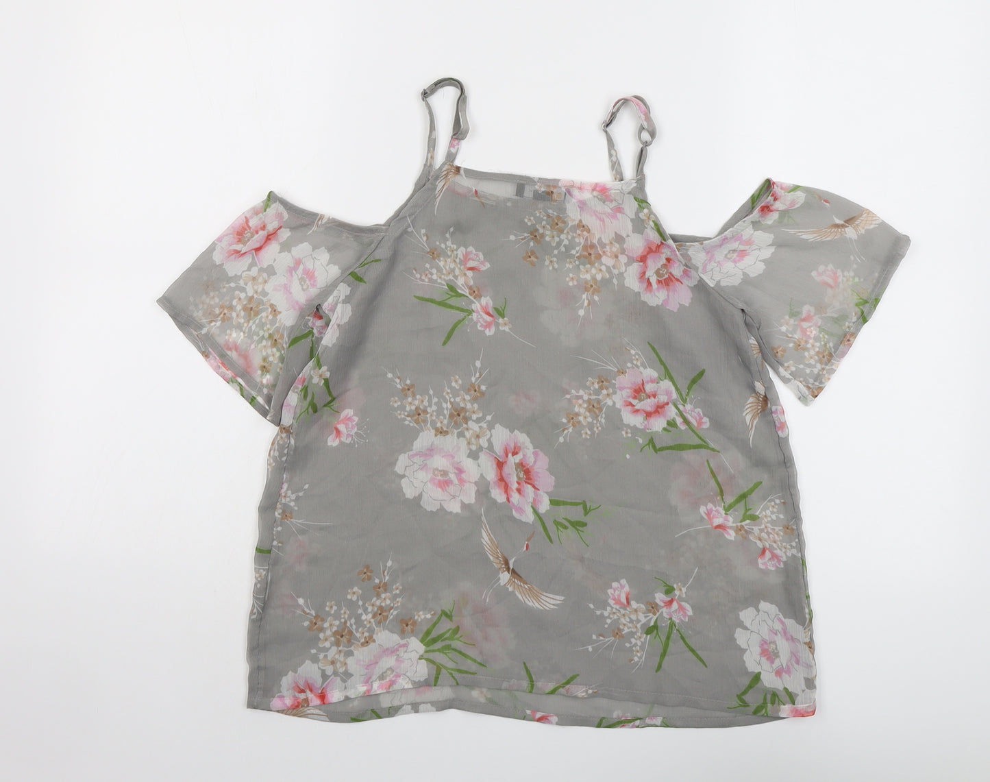 New Look Womens Grey Floral Polyester Basic Blouse Size 10 Square Neck - Cold Shoulder