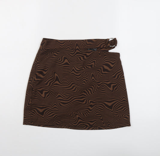 H&M Womens Brown Geometric Polyester Mini Skirt Size 8 Zip - Cut out side detail