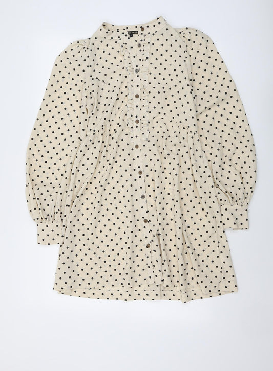 River Island Womens Beige Polka Dot Polyester Shirt Dress Size 6 V-Neck Button
