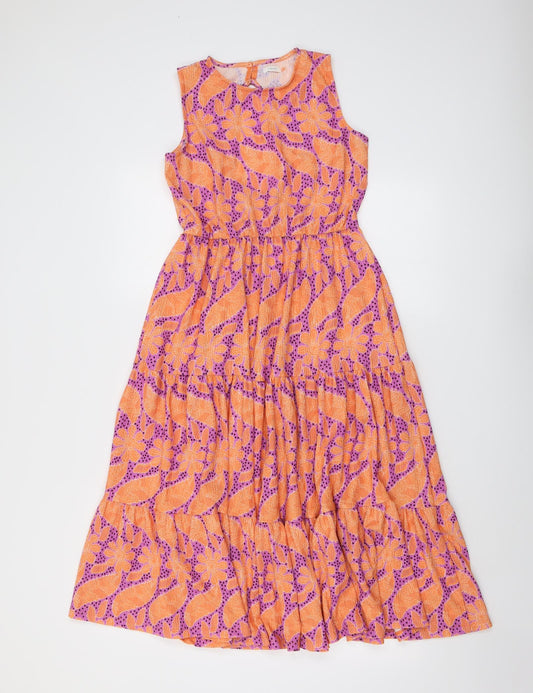 NEXT Girls Orange Geometric Polyester Maxi Size 12 Years Boat Neck Button - Cut Out Back Detail