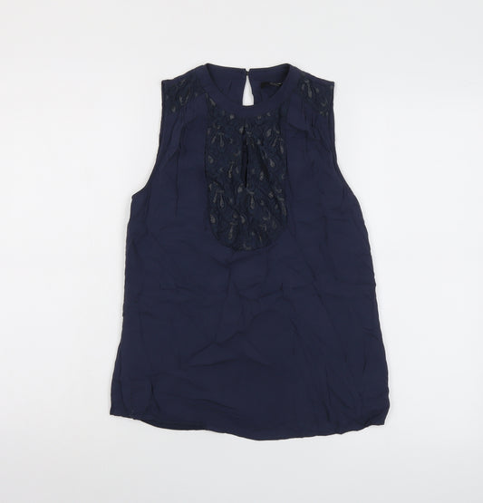 Oasis Womens Blue Viscose Basic Blouse Size 8 Round Neck - Lace Detail