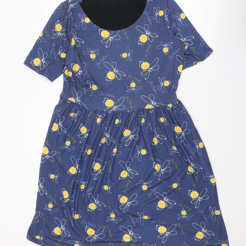 Popsy Womens Blue Geometric Polyester T-Shirt Dress Size 16 Round Neck Pullover - Bee pattern Bee positive