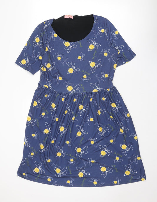 Popsy Womens Blue Geometric Polyester T-Shirt Dress Size 16 Round Neck Pullover - Bee pattern Bee positive
