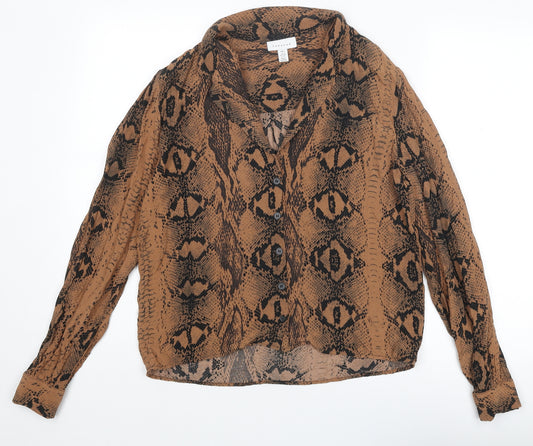 Topshop Womens Brown Animal Print Viscose Basic Button-Up Size 12 Collared - Snakeskin Pattern