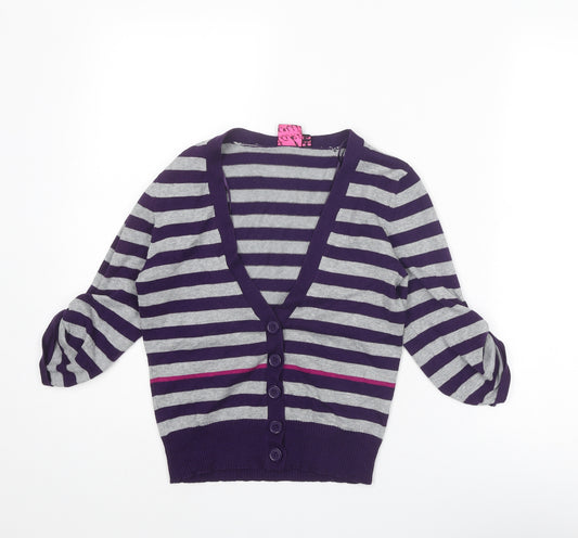 Take Out Womens Purple V-Neck Striped Cotton Cardigan Jumper Size M
