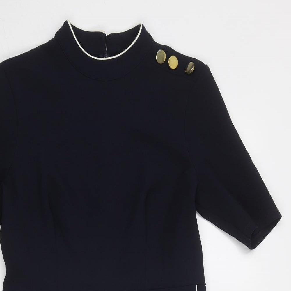 Marks and Spencer Womens Blue Polyester A-Line Size 10 Round Neck Zip