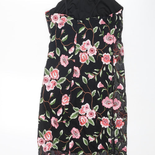 New Look Womens Black Floral Nylon Slip Dress Size 10 V-Neck Zip