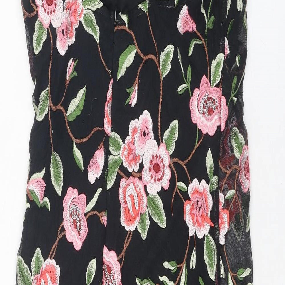 New Look Womens Black Floral Nylon Slip Dress Size 10 V-Neck Zip