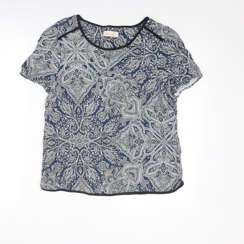 Per Una Womens Blue Geometric Viscose Basic T-Shirt Size 10 Round Neck