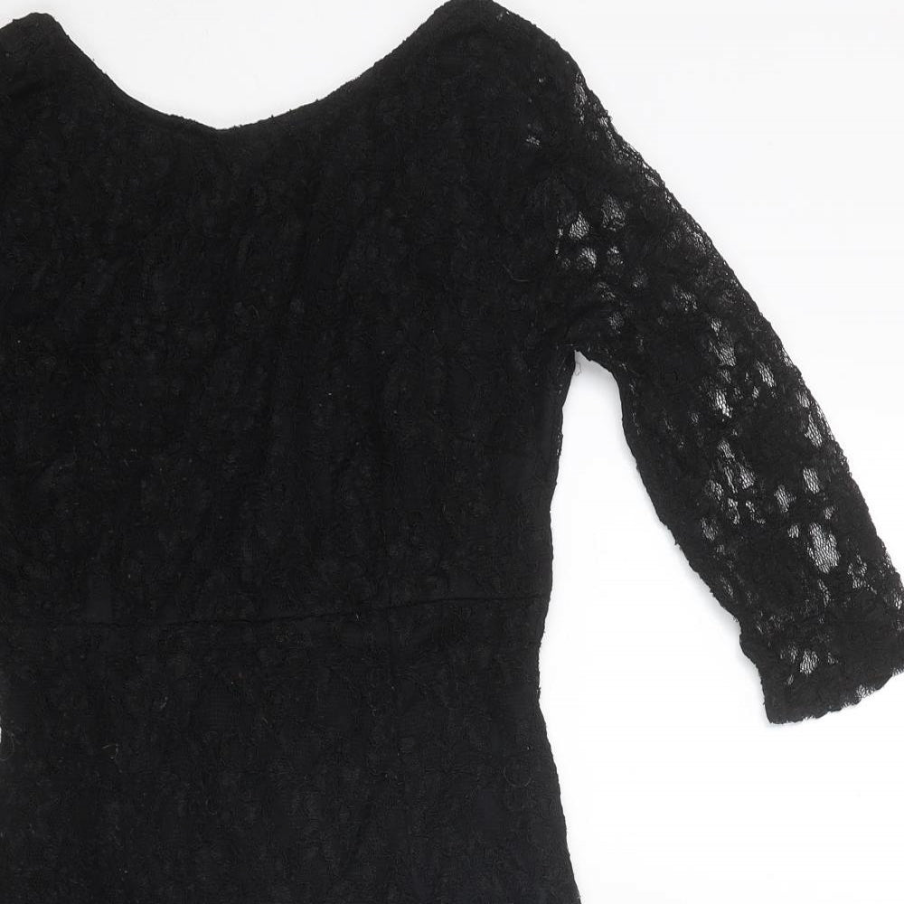 Warehouse Womens Black Floral Viscose A-Line Size 10 Round Neck Zip