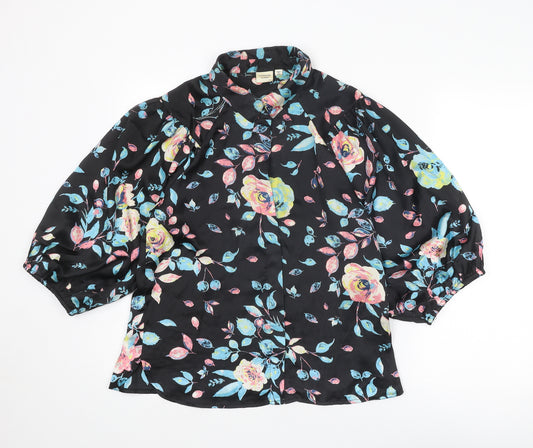 Jacqueline De Yong Womens Black Floral Polyester Basic Button-Up Size 10 Collared
