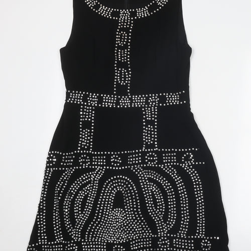Ada Gatti Womens Black Geometric Polyester A-Line Size M Round Neck Zip