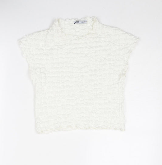 Zara Womens White Polyester Cropped Blouse Size S Mock Neck - Textured